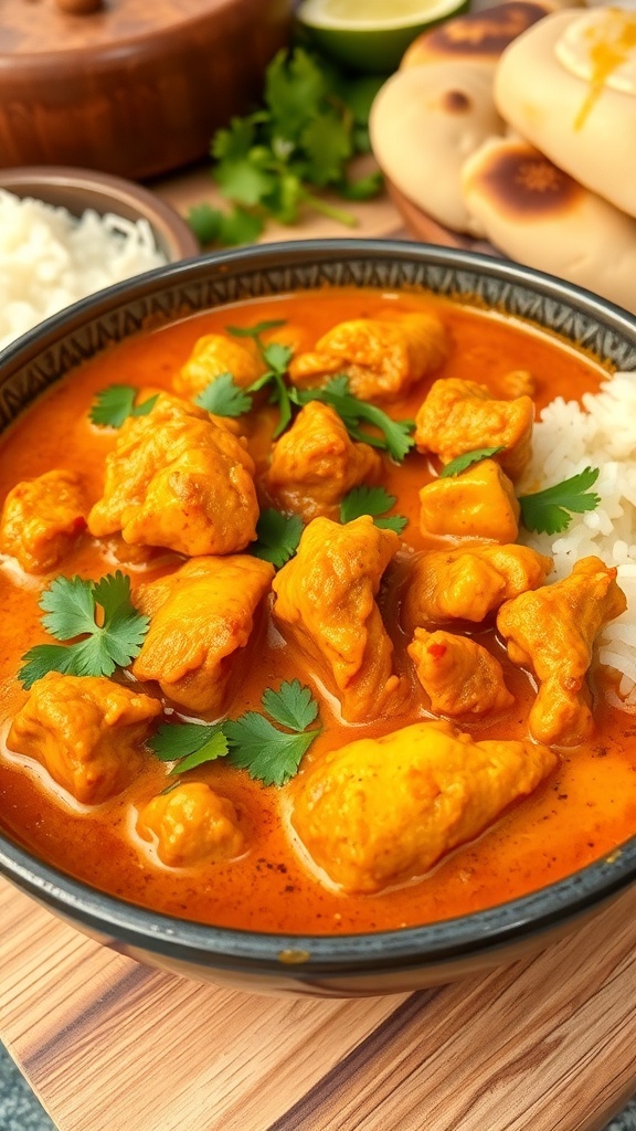 A bowl of chicken curry with cilantro, served with rice and naan.